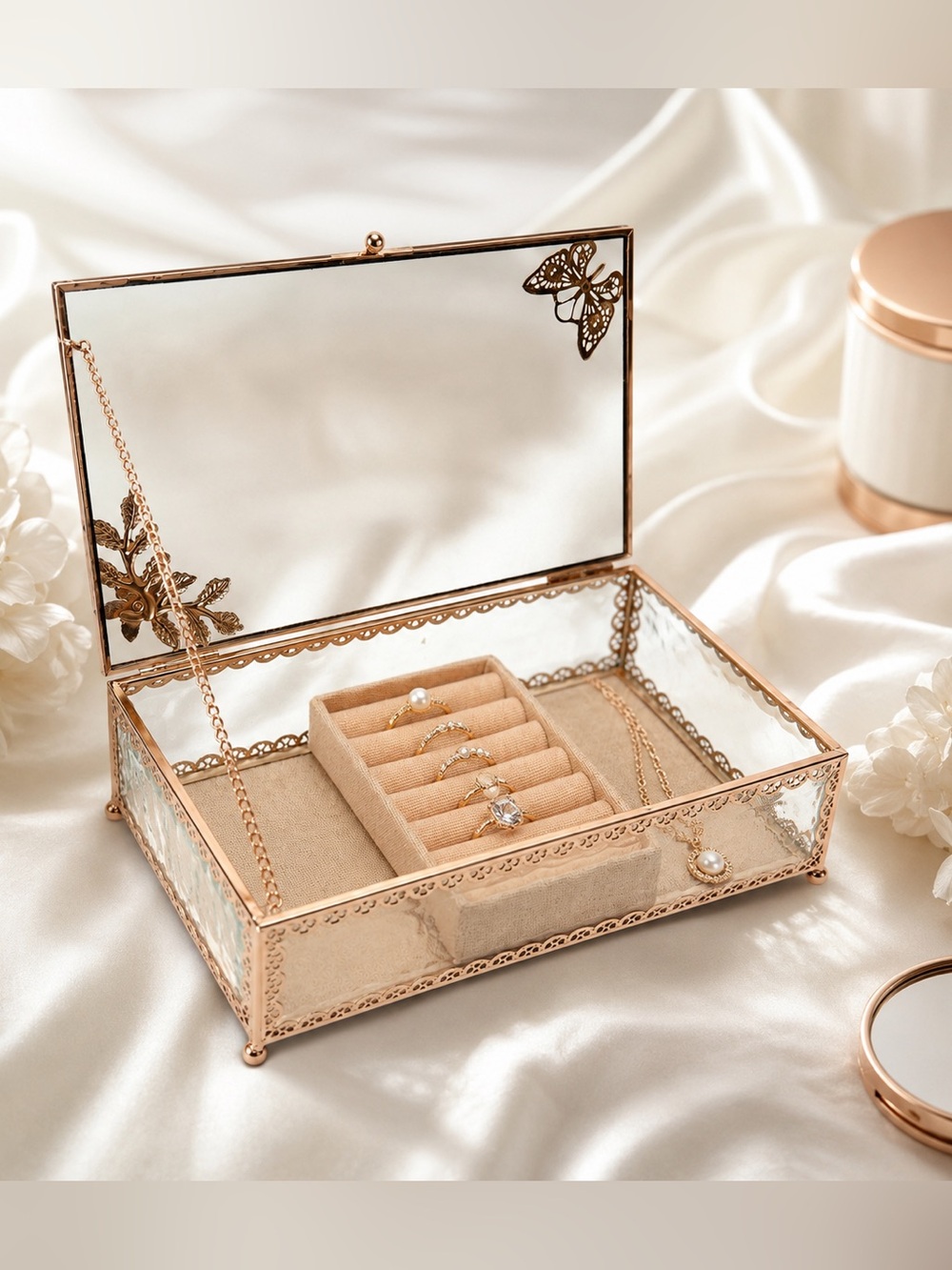 Rose Gold Glass Jewelry Box Butterfly Floral Design Ring Organizer Display Case